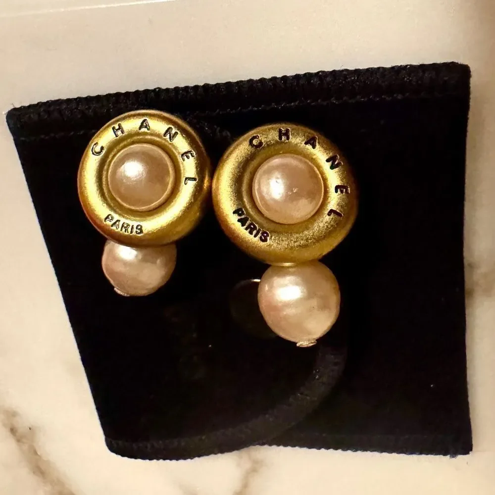 CHANEL Gold Plated and Cream Faux Pearl Vintage Cufflinks Authentic